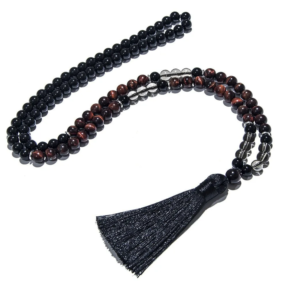 8mm Red Tiger Eye Black Onyx 108 Mala Beaded Necklace
