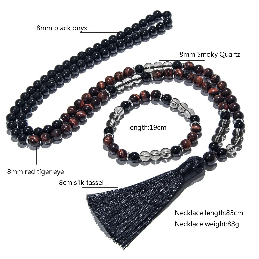 8mm Red Tiger Eye Black Onyx 108 Mala Beaded Necklace