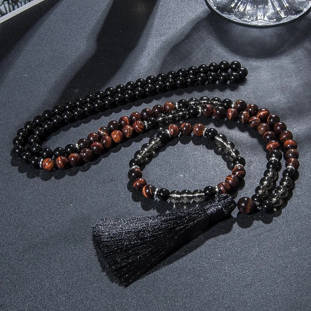 8mm Red Tiger Eye Black Onyx 108 Mala Beaded Necklace