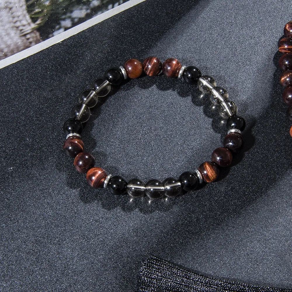 8mm Red Tiger Eye Black Onyx 108 Mala Beaded Necklace