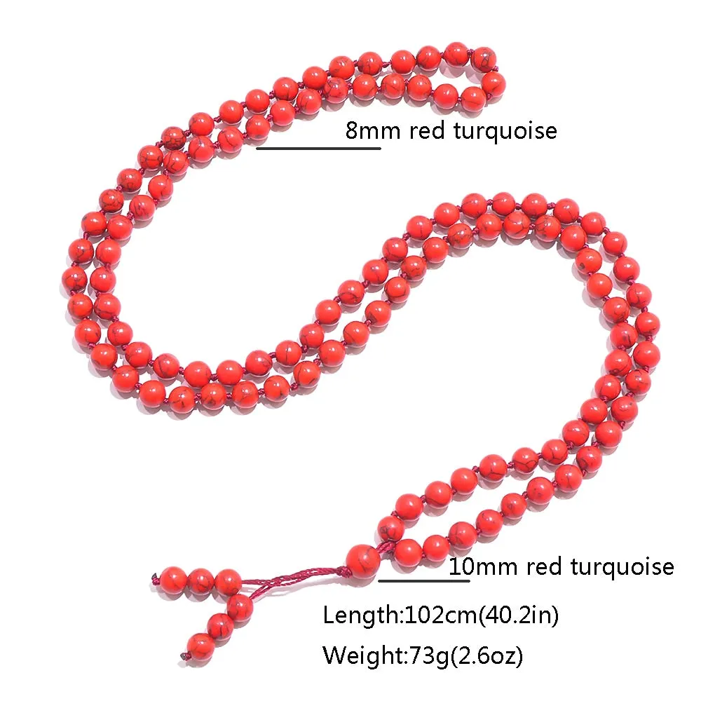 8mm Red Turquoise Beads Knot 108 Mala Necklace