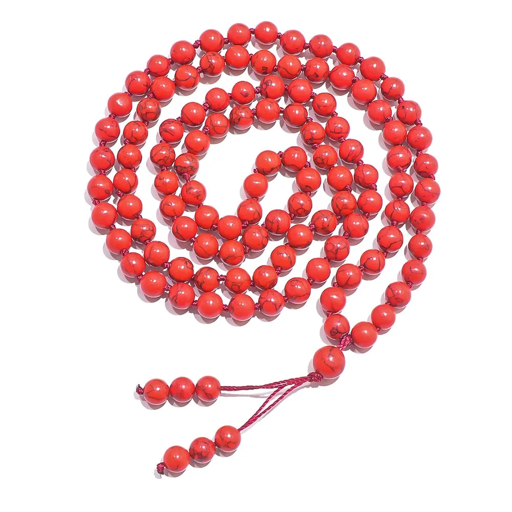 8mm Red Turquoise Beads Knot 108 Mala Necklace