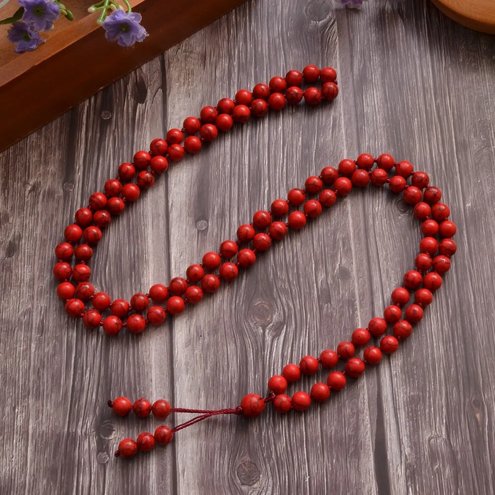 8mm Red Turquoise Beads Knot 108 Mala Necklace
