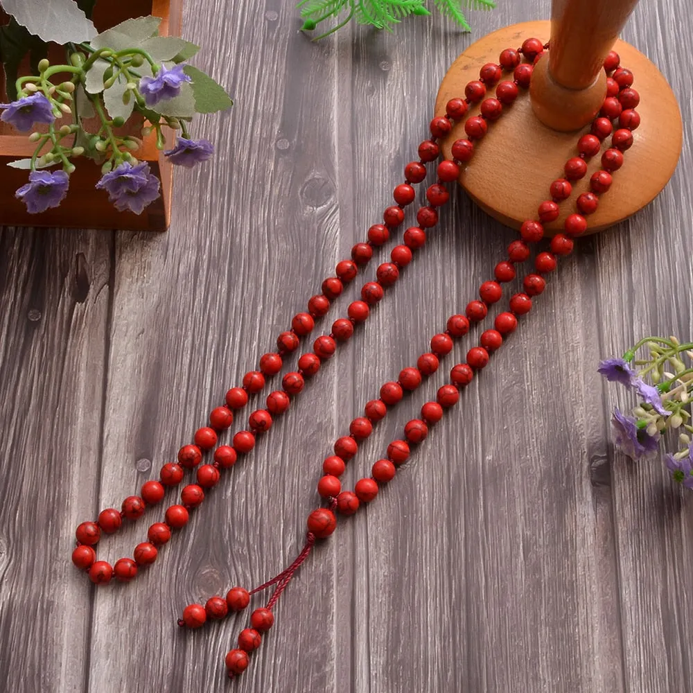 8mm Red Turquoise Beads Knot 108 Mala Necklace