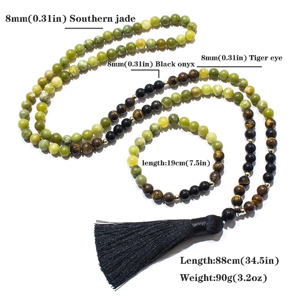 8mm Southern Jade Tiger Eye Black Onyx Beads 108 Mala Prayer Necklace Meditation Yoga Jewelry Japamala Set