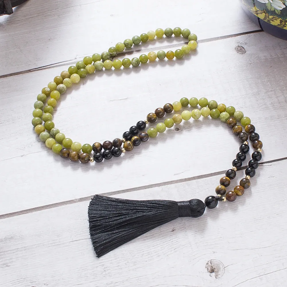 8mm Southern Jade Tiger Eye Black Onyx Beads 108 Mala Prayer Necklace Meditation Yoga Jewelry Japamala Set