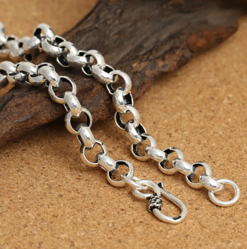 8mm Thick S925 Sterling Silver Men Women Classic Retro Silver Round Circle Cross Link Chain Necklace