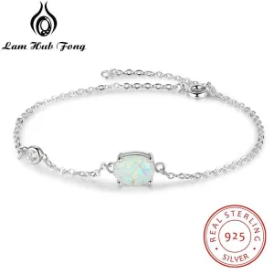 925 Sterling Silver Oval Opal Chain Link Adjustable Bracelets