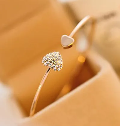 Adjustable Crystal Double Heart Bow Bilezik Cuff Opening Bracelet For Women Jewelry G