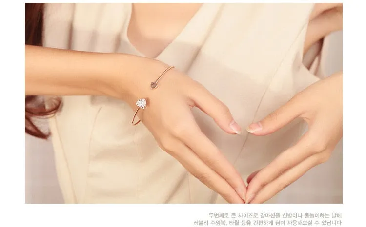 Adjustable Crystal Double Heart Bow Bilezik Cuff Opening Bracelet For Women Jewelry G