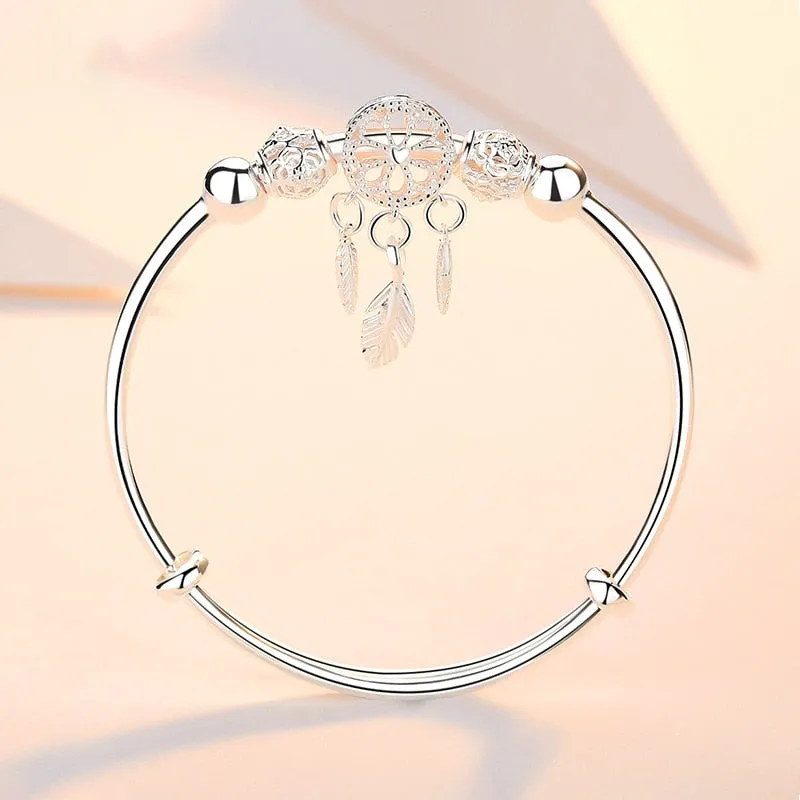 Adjustable Silver Color Dreamcatcher Tassel Feather Round Bead Charm Bracelet &amp;Bangle For Women Elegant Jewelry sl209