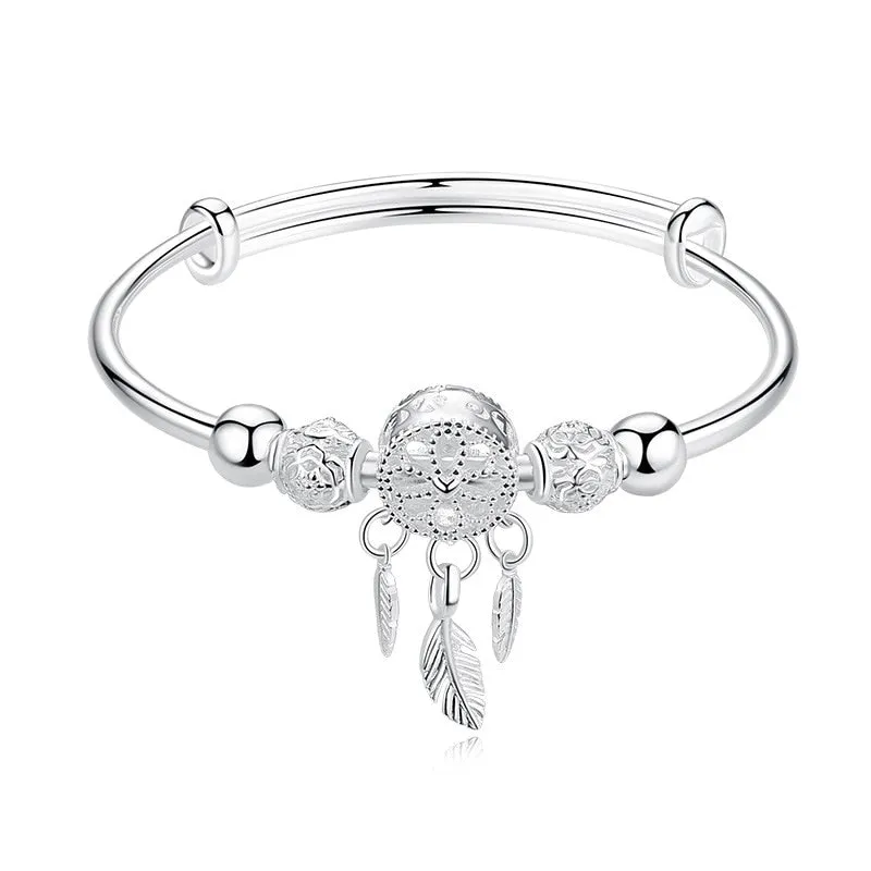 Adjustable Silver Color Dreamcatcher Tassel Feather Round Bead Charm Bracelet &amp;Bangle For Women Elegant Jewelry sl209