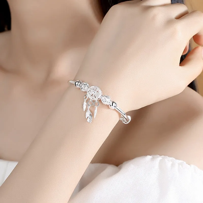 Adjustable Silver Color Dreamcatcher Tassel Feather Round Bead Charm Bracelet &amp;Bangle For Women Elegant Jewelry sl209