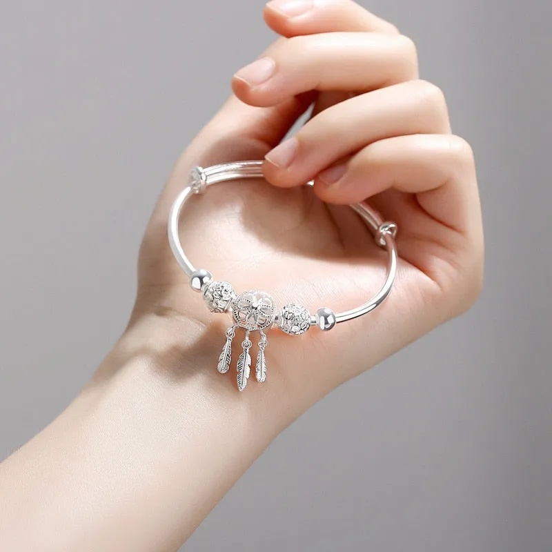 Adjustable Silver Color Dreamcatcher Tassel Feather Round Bead Charm Bracelet &amp;Bangle For Women Elegant Jewelry sl209