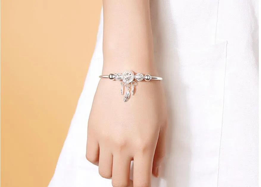 Adjustable Silver Color Dreamcatcher Tassel Feather Round Bead Charm Bracelet &amp;Bangle For Women Elegant Jewelry sl209
