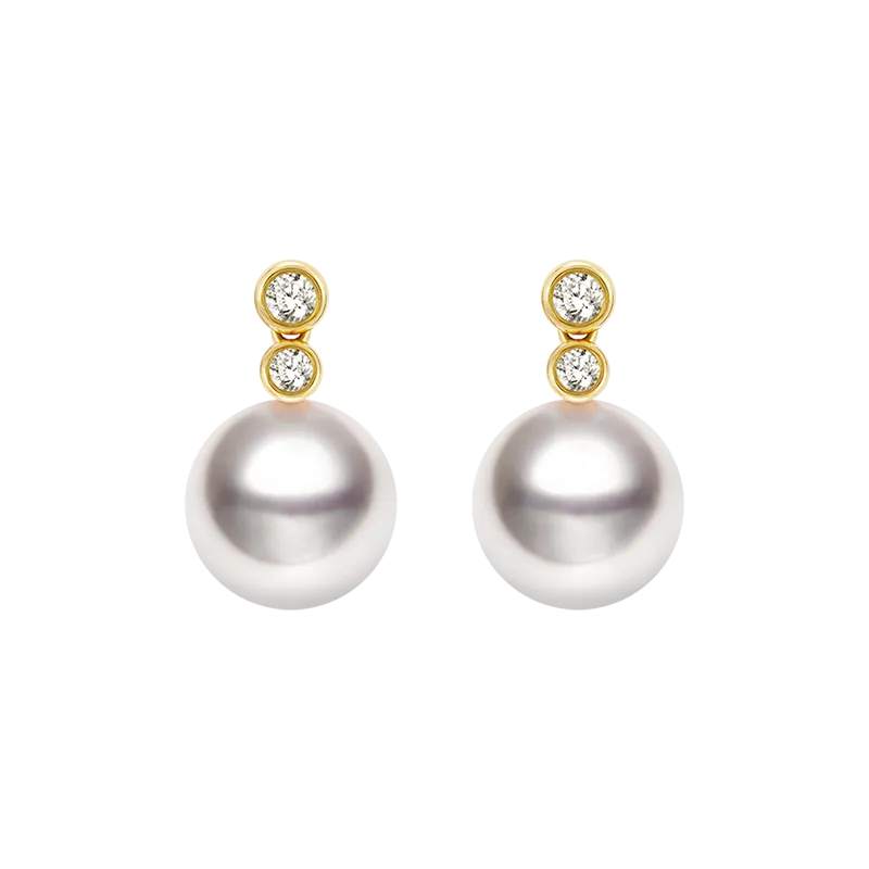 Akoya Pearl 18K Gold Double Diamond Elegant Earrings