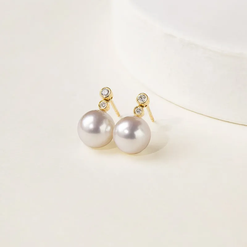Akoya Pearl 18K Gold Double Diamond Elegant Earrings