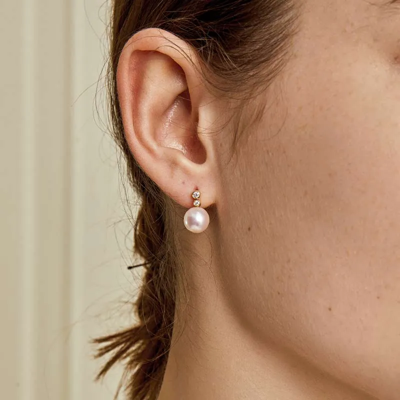 Akoya Pearl 18K Gold Double Diamond Elegant Earrings
