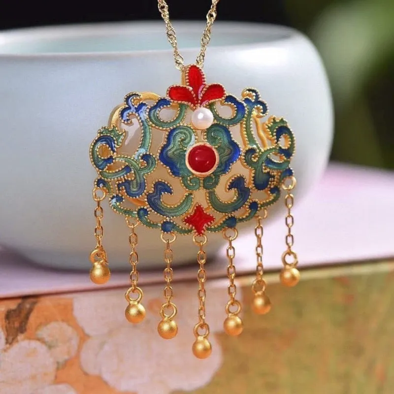 Ancient gold craft natural Hetian jade inlaid pearl enamel wishful tassel pendant necklaces