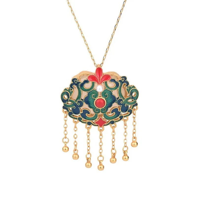 Ancient gold craft natural Hetian jade inlaid pearl enamel wishful tassel pendant necklaces