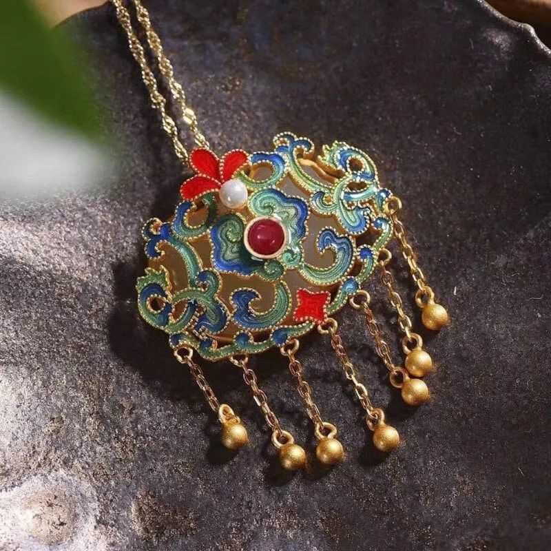 Ancient gold craft natural Hetian jade inlaid pearl enamel wishful tassel pendant necklaces