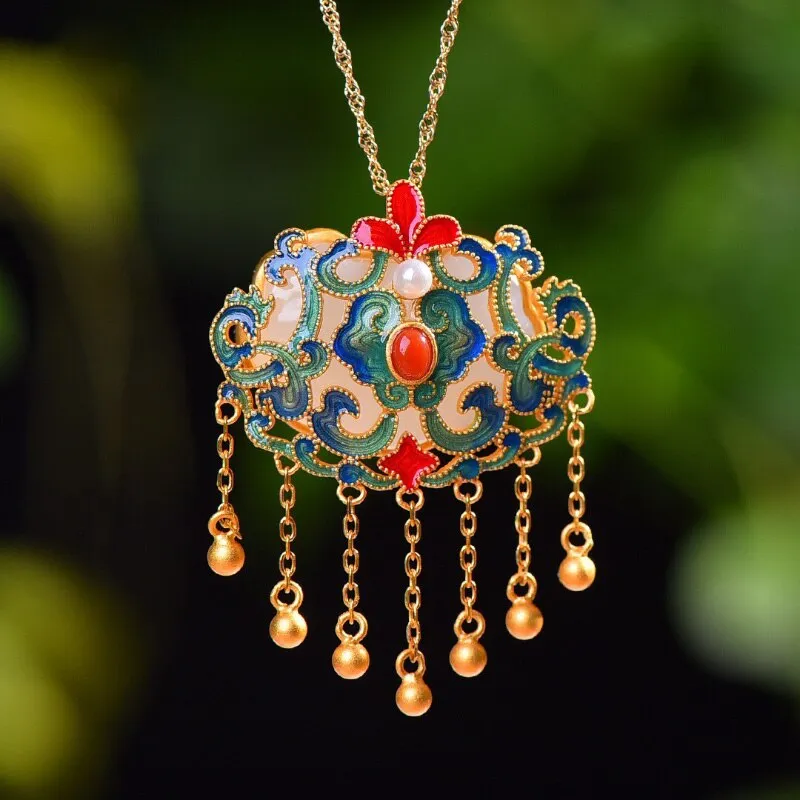 Ancient gold craft natural Hetian jade inlaid pearl enamel wishful tassel pendant necklaces