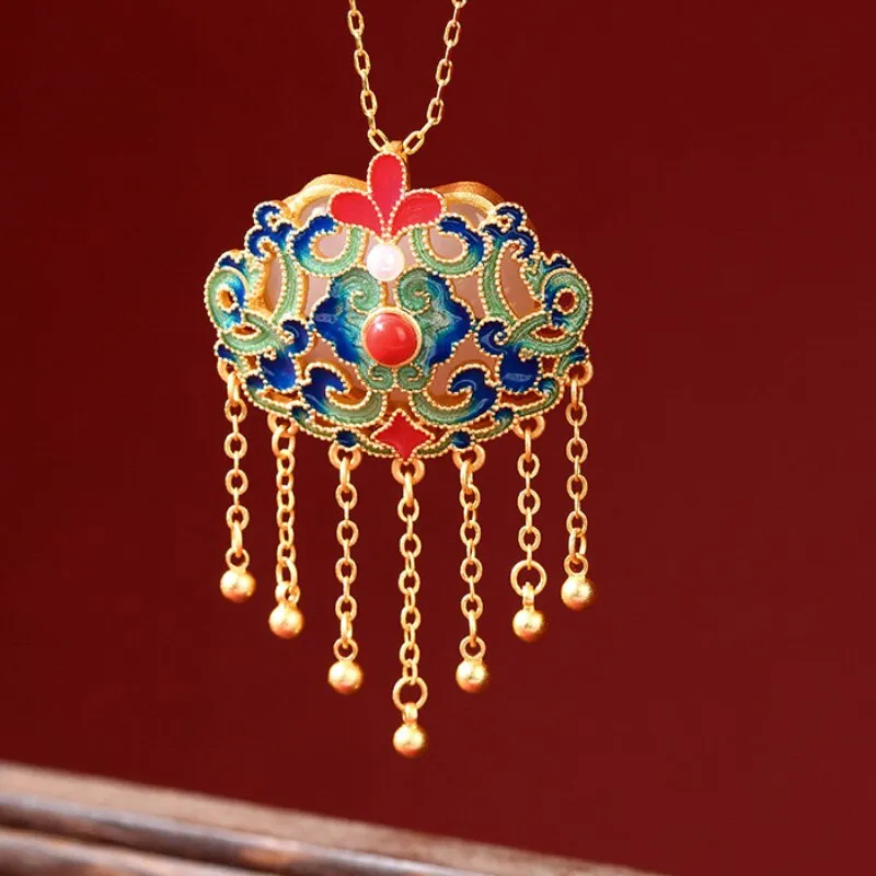 Ancient gold craft natural Hetian jade inlaid pearl enamel wishful tassel pendant necklaces