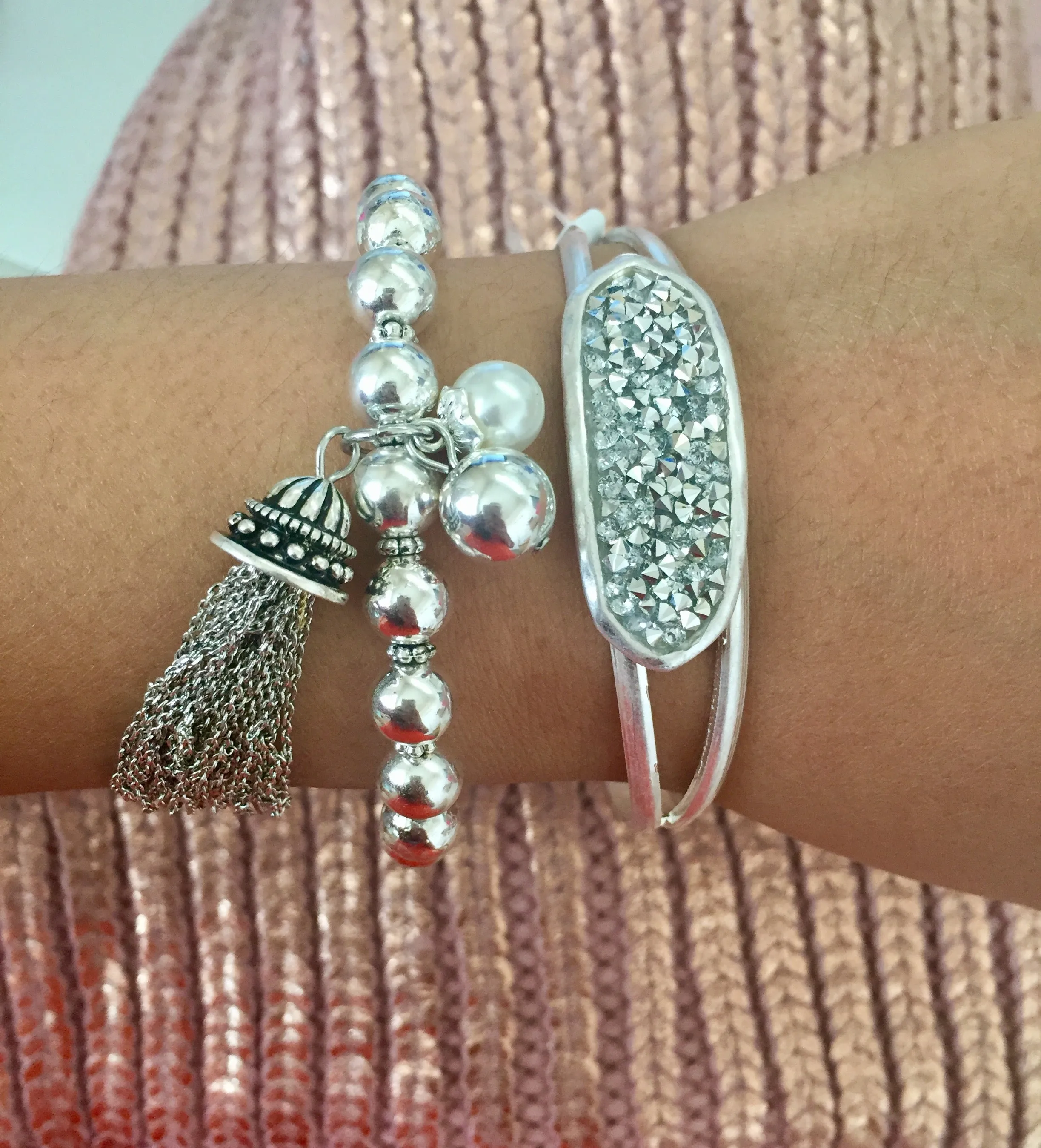 Andrea Silver Ball and Tassel Stretch Bracelet