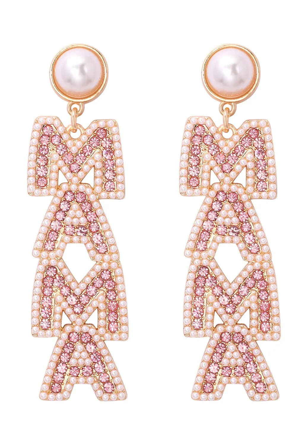 Apricot Pink MAMA Rhinestone Pearl Letter Stud Earrings