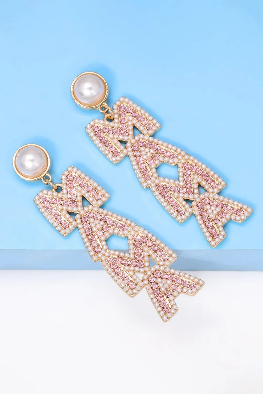 Apricot Pink MAMA Rhinestone Pearl Letter Stud Earrings