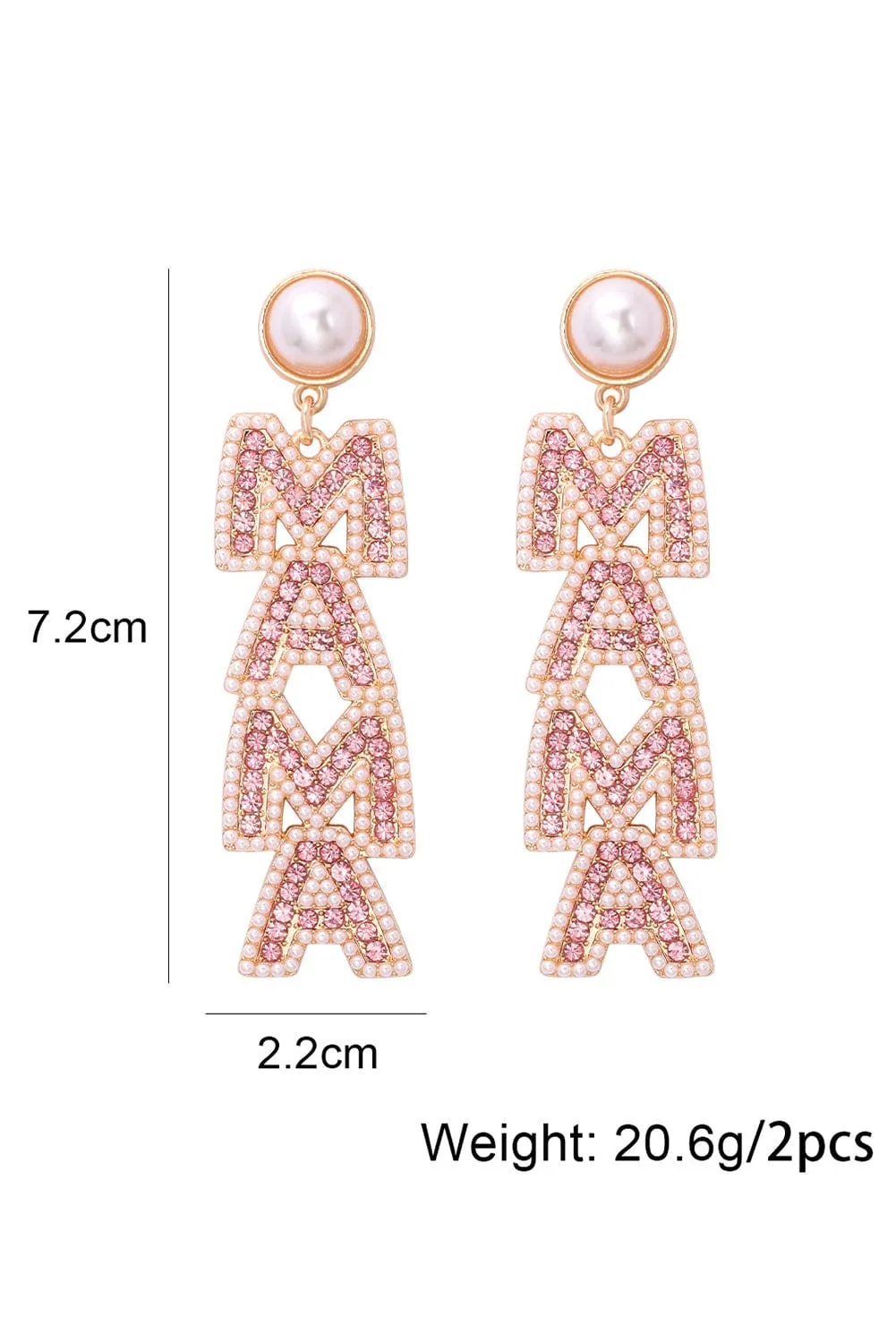 Apricot Pink MAMA Rhinestone Pearl Letter Stud Earrings