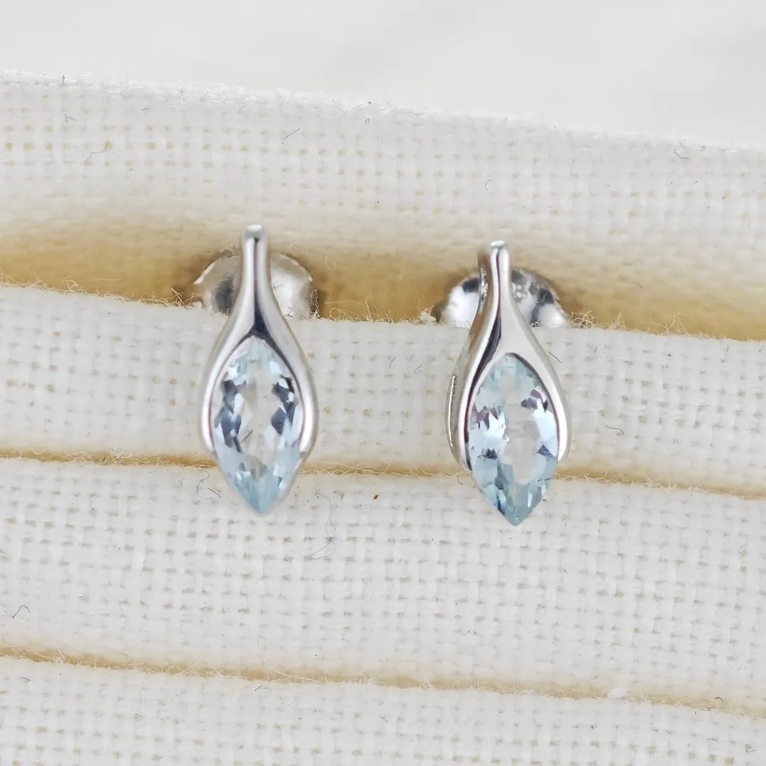Aquamarine Earrings Sterling Silver Studs Minimalist Marquise