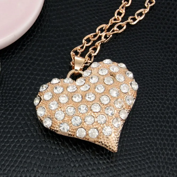 Big Gold Color Heart Necklace for Women Crystal Long Chain Necklaces
