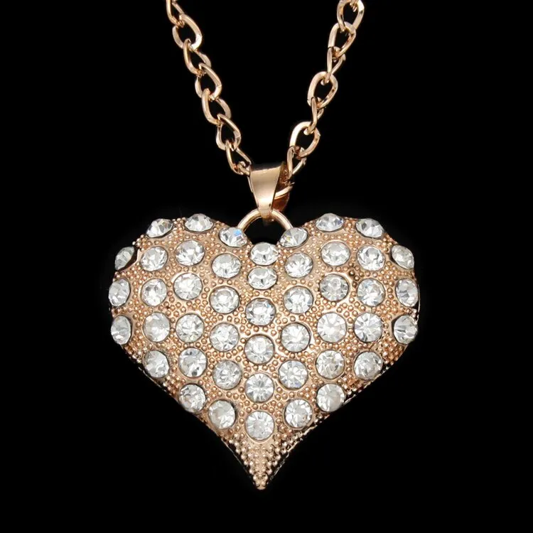 Big Gold Color Heart Necklace for Women Crystal Long Chain Necklaces