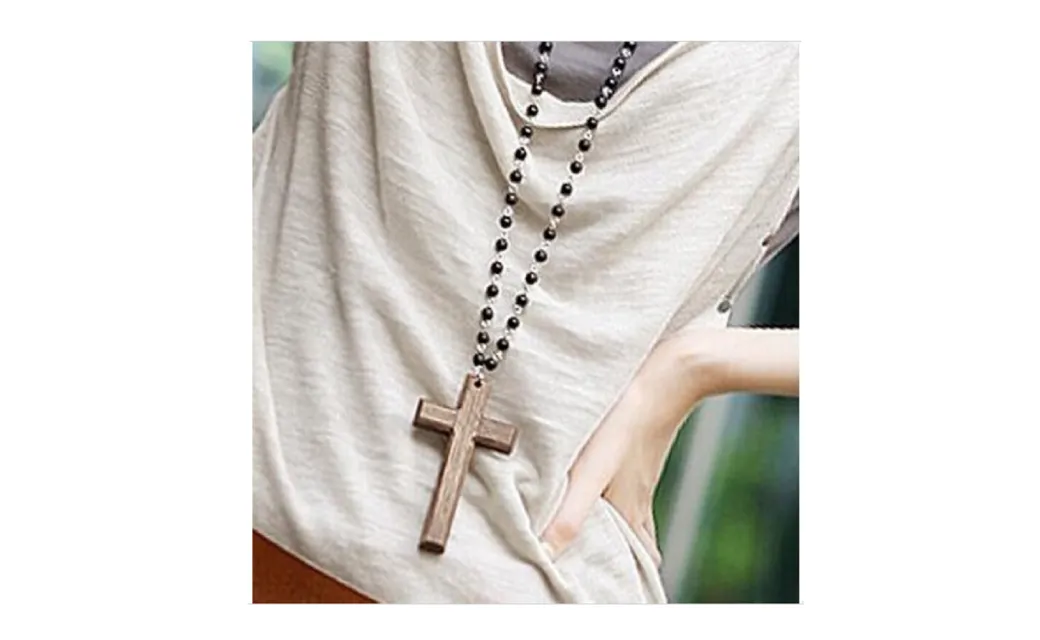 Black Beads Wooden Cross Necklace