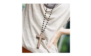 Black Beads Wooden Cross Necklace