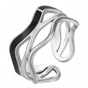 Black Enamel Accent Cuff Ring – Stainless Steel, Adjustable & Tarnish-Resistant