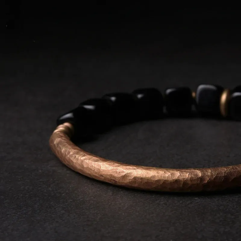 Black Obsidian Bangle Antique Copper Unisex Bracelet Trendy Design