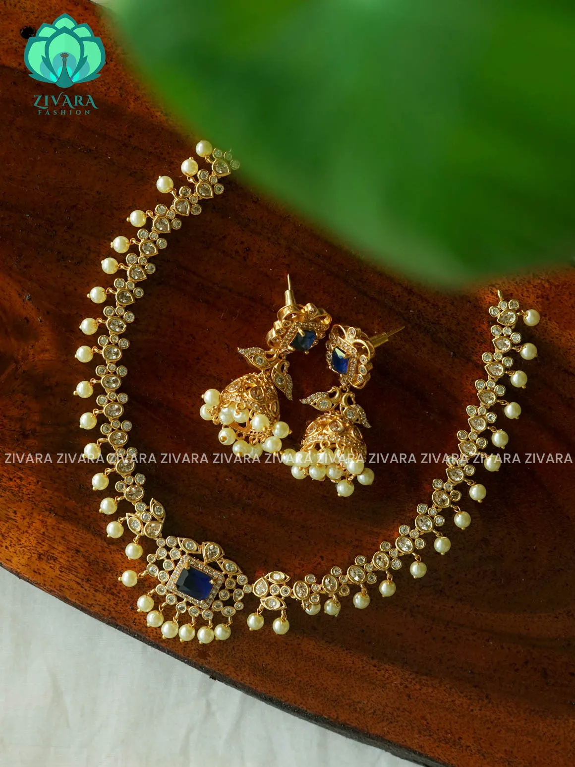 BLUE - MEDIUM SIZE UNCUT POLKI - stylish and minimal elegant neckwear with earrings- Zivara Fashion