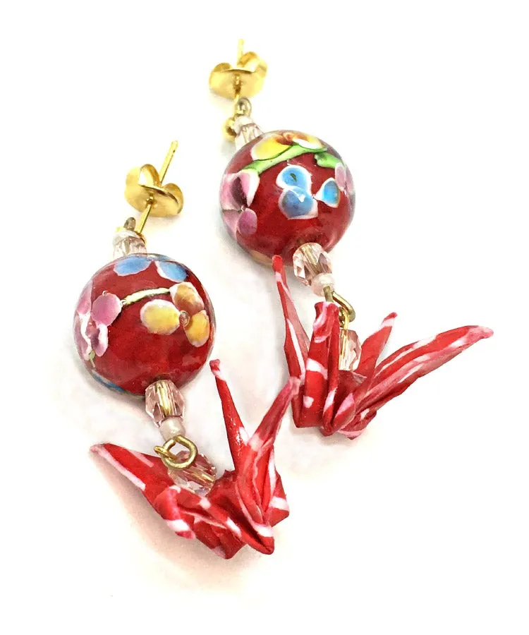 Blue Origami Crane Earrings / Glass Bead Japanese Earrings