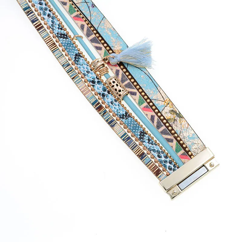 Bohemian Blue Snakeskin Leather Charm Bracelet