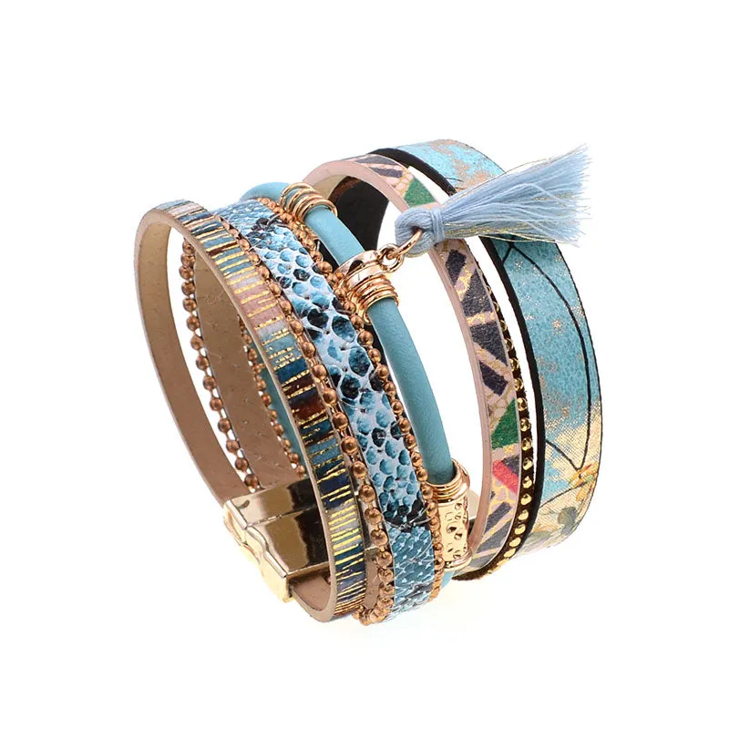 Bohemian Blue Snakeskin Leather Charm Bracelet