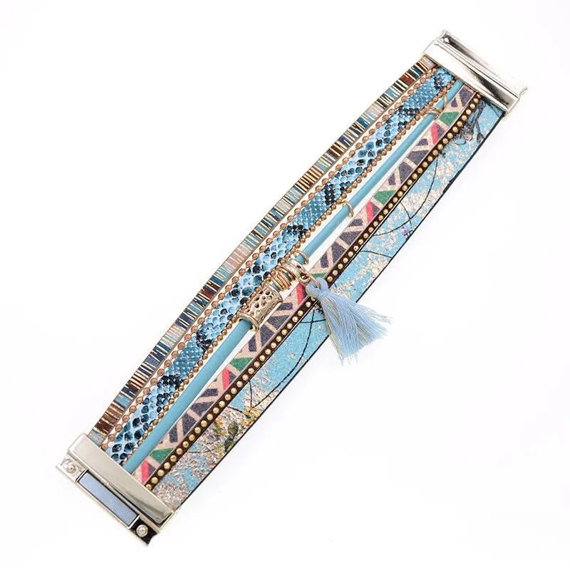Bohemian Blue Snakeskin Leather Charm Bracelet