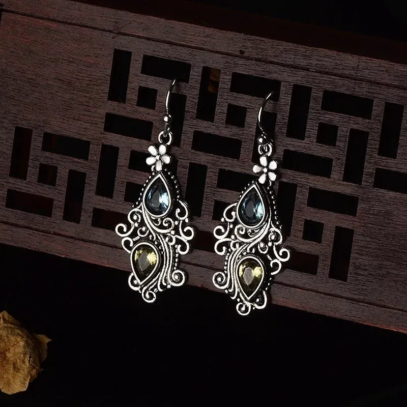 Bohemian Earrings Detailed Elegant Dangle Drop gem blue green Jewelry vintage ornate