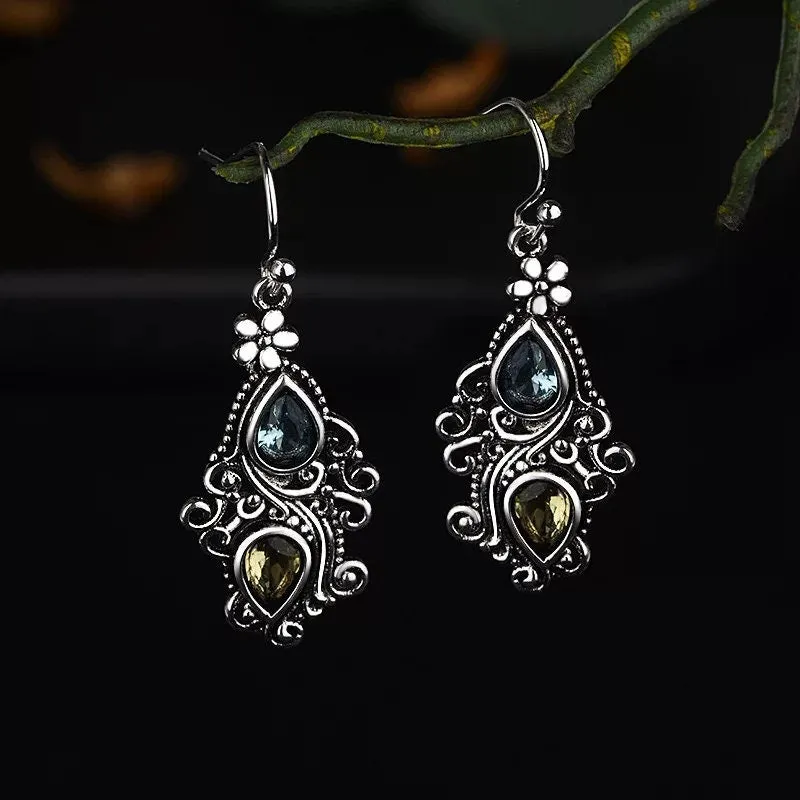 Bohemian Earrings Detailed Elegant Dangle Drop gem blue green Jewelry vintage ornate