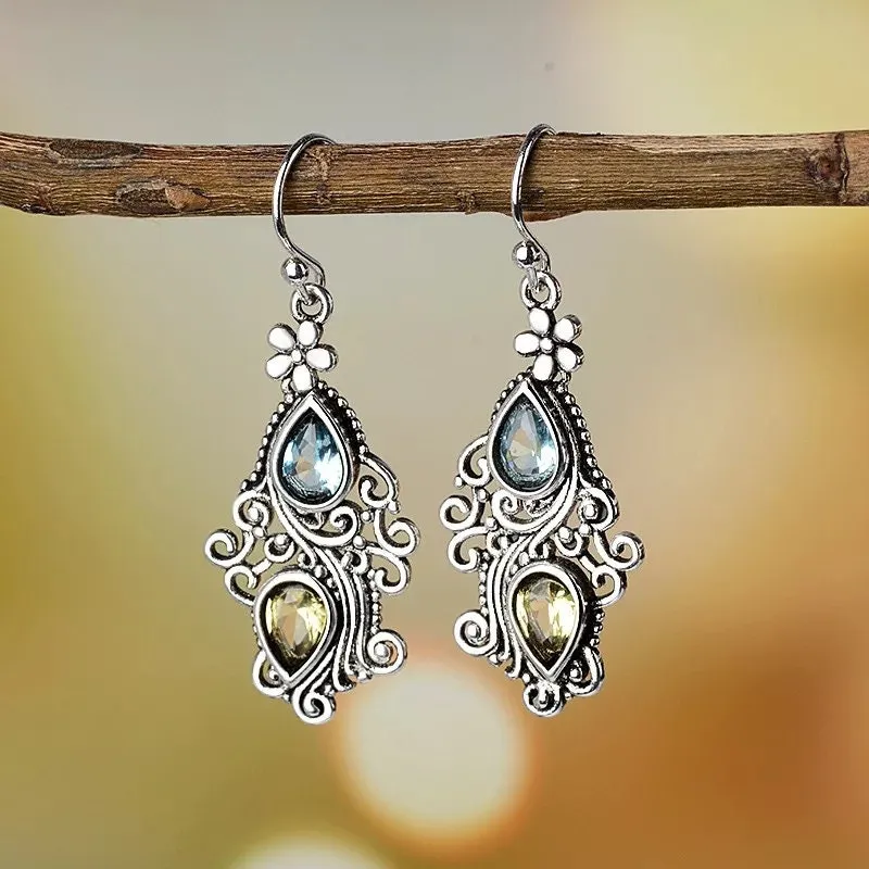 Bohemian Earrings Detailed Elegant Dangle Drop gem blue green Jewelry vintage ornate