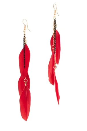 Boho chic feather earrings red