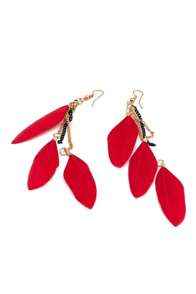 Boho chic feather earrings red