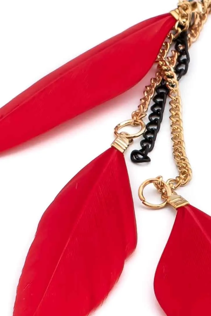 Boho chic feather earrings red