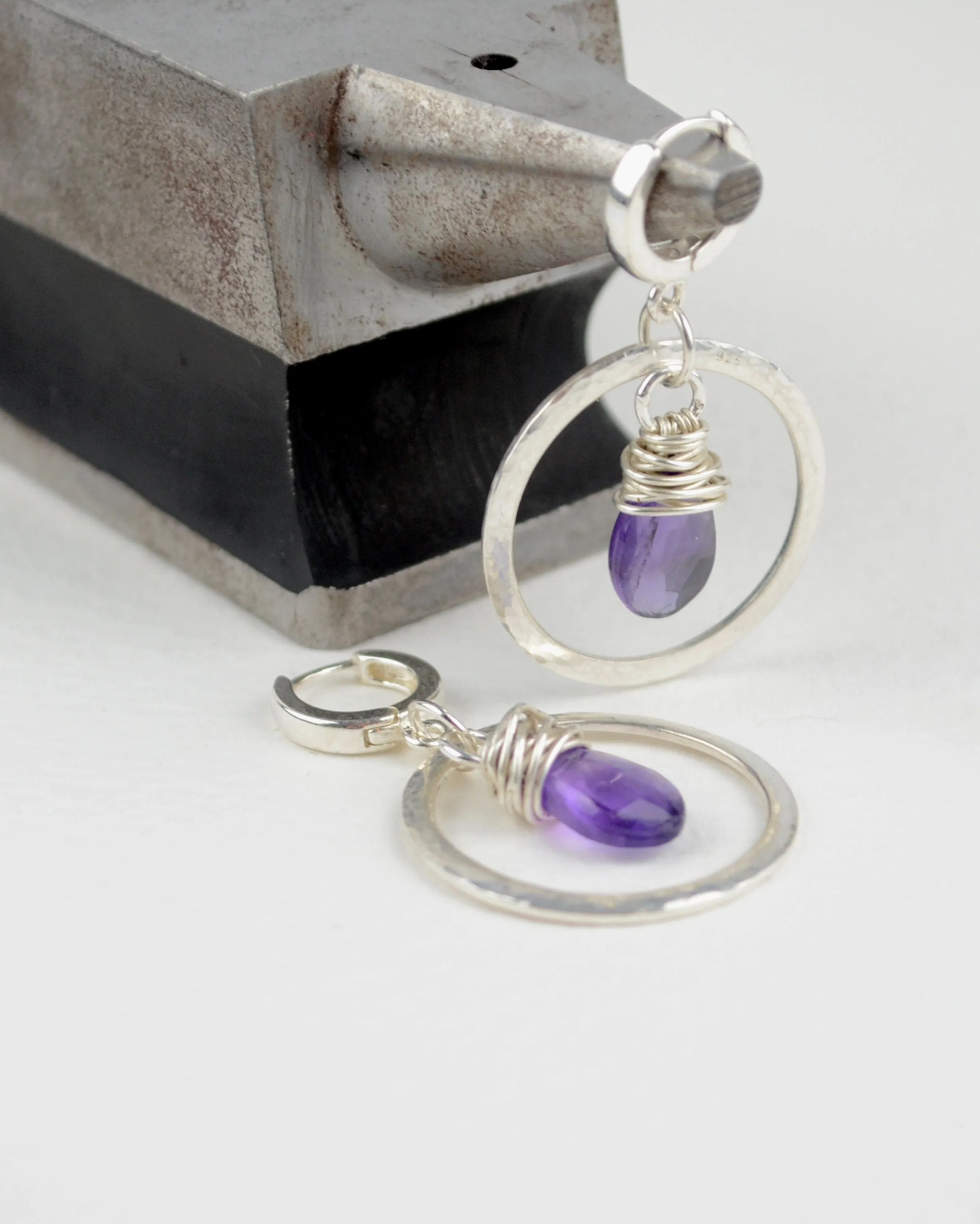 Boho silver hoop earrings with wire wrapped amethyst, February birth stone gift